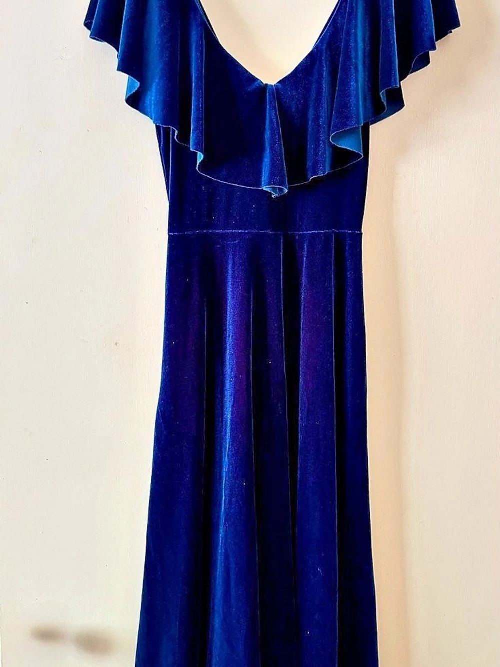 june & hudson Velvet Ruffle Midi Dress in Blue Size Small Like New